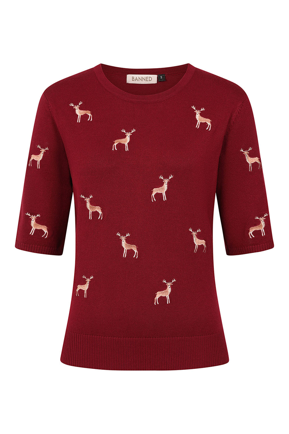 Banned Retro Halbarm Pullover Ruby Sweet Deer Burgunder