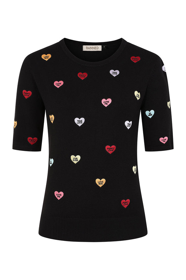 Banned Retro Halbarm Pullover Ruby Love Hearts Schwarz