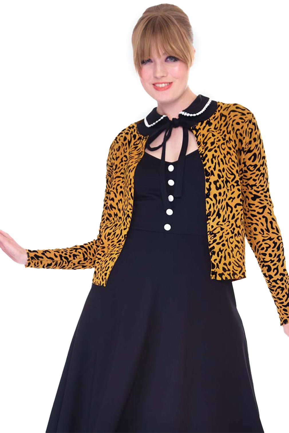 Voodoo Vixen Strickjacke 50s Mustard Leopard Print Cardigan
