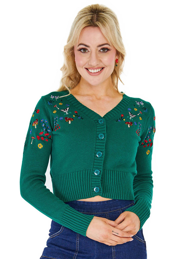 Voodoo Vixen Strickjacke Woodland Embroidery Cropped Cardigan Grün