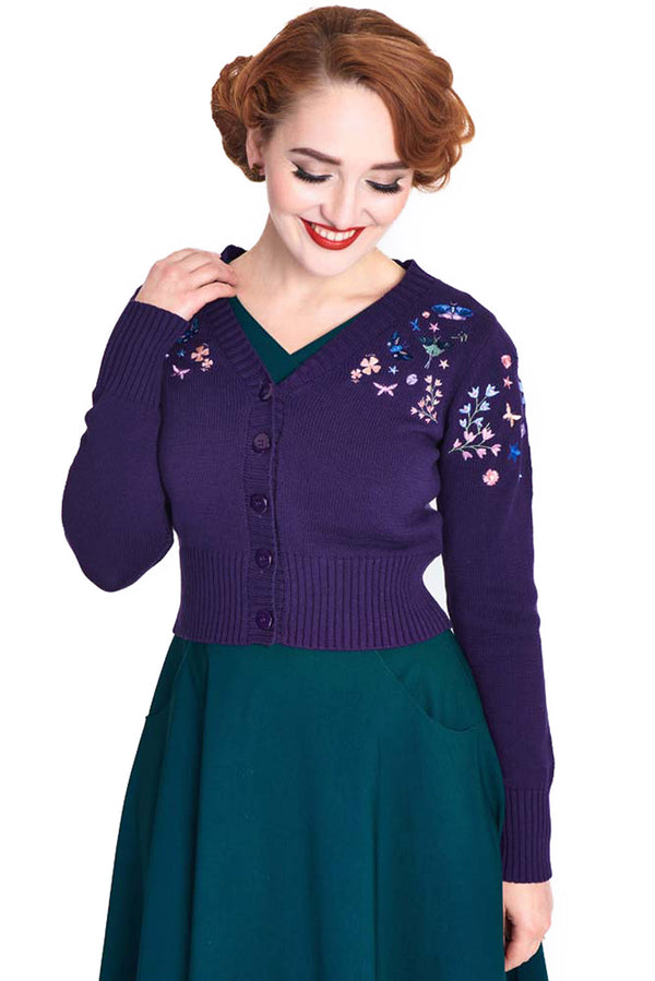 Voodoo Vixen Strickjacke Floral And Butterfly Embroidered Cardigan Lila