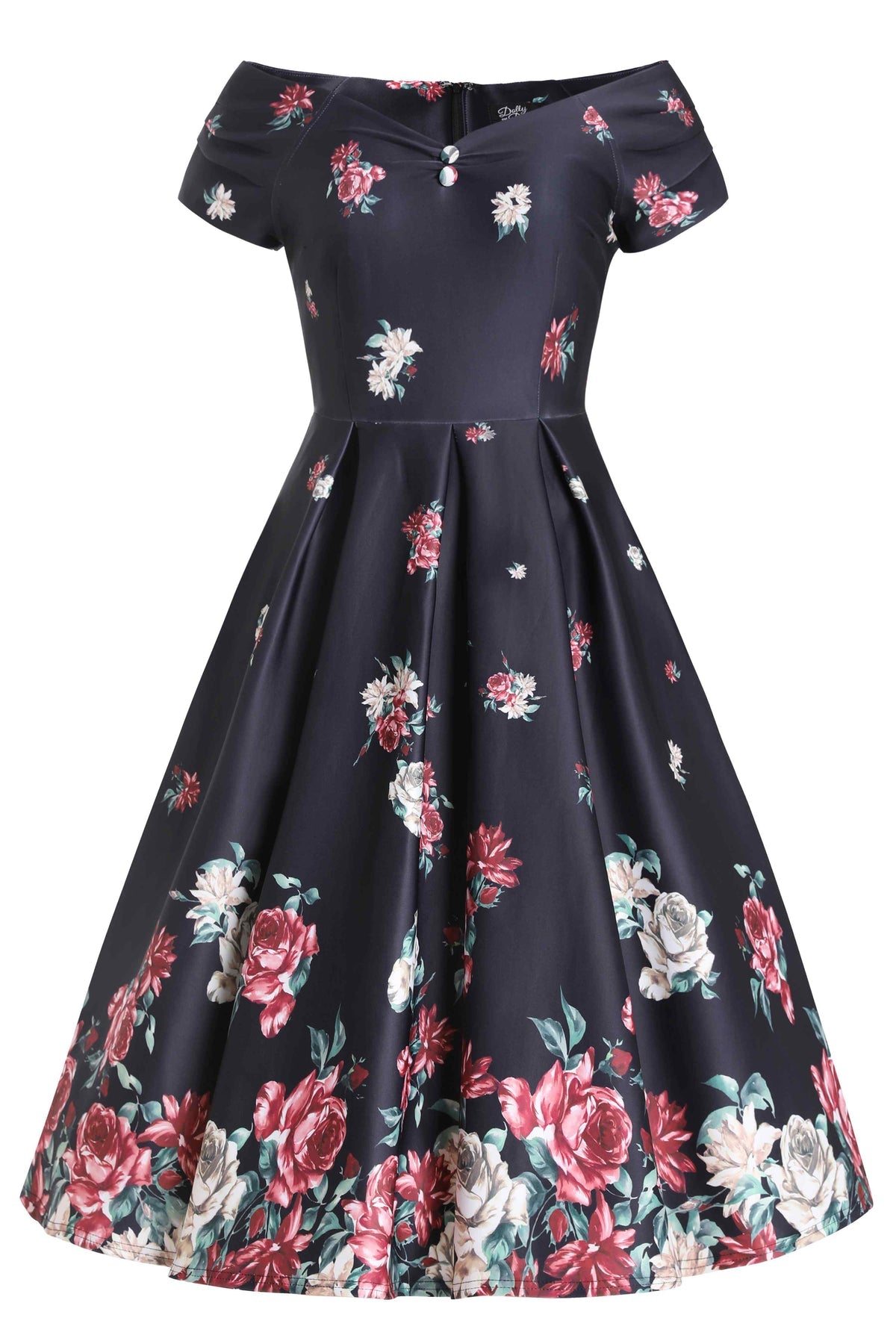 Dolly and Dotty Swing Kleid Lily Black Falling Rose Off-Shoulder