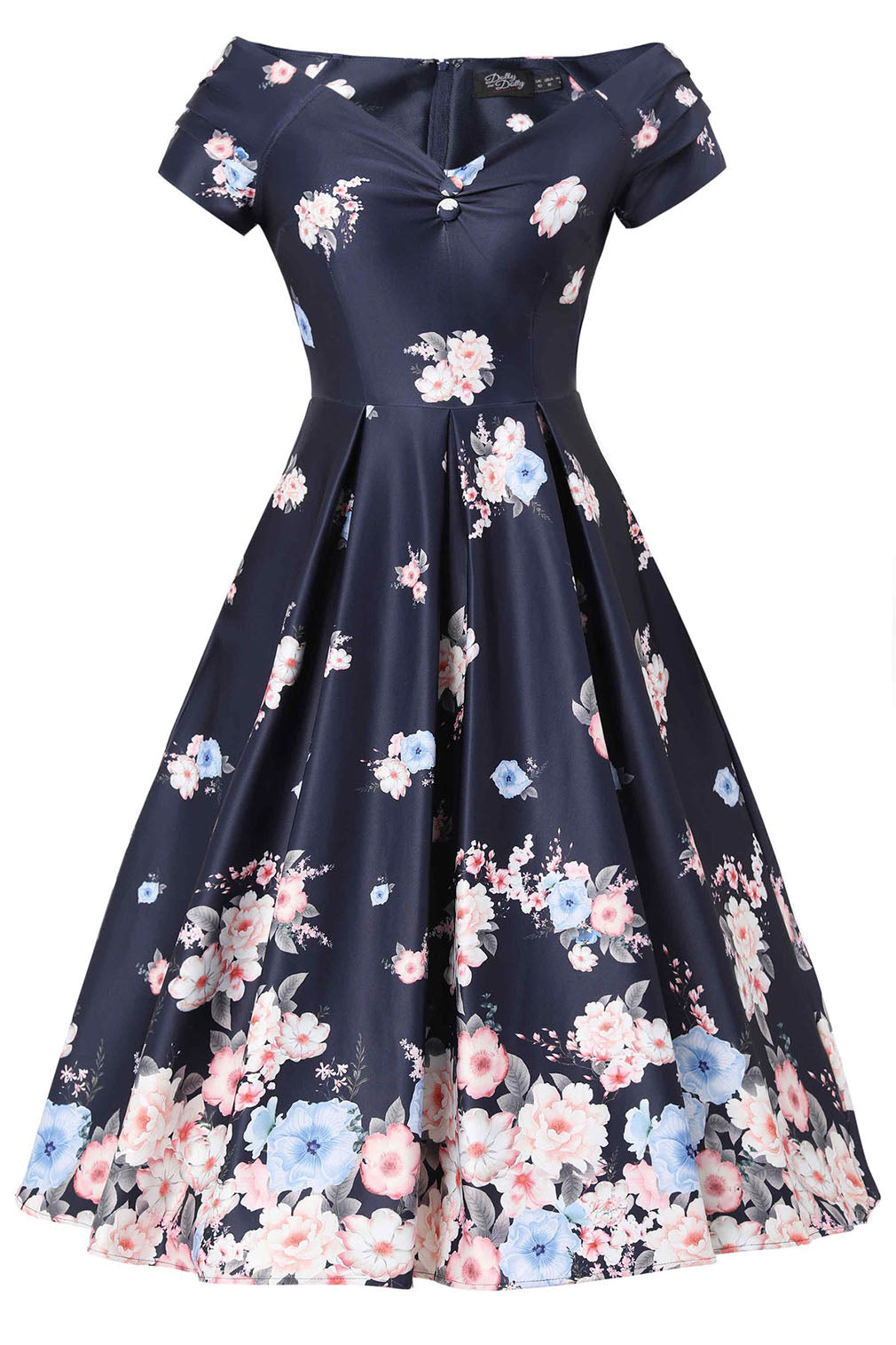 Dolly and Dotty Swing Kleid Lily Navy Blue Falling Rose Off-Shoulder