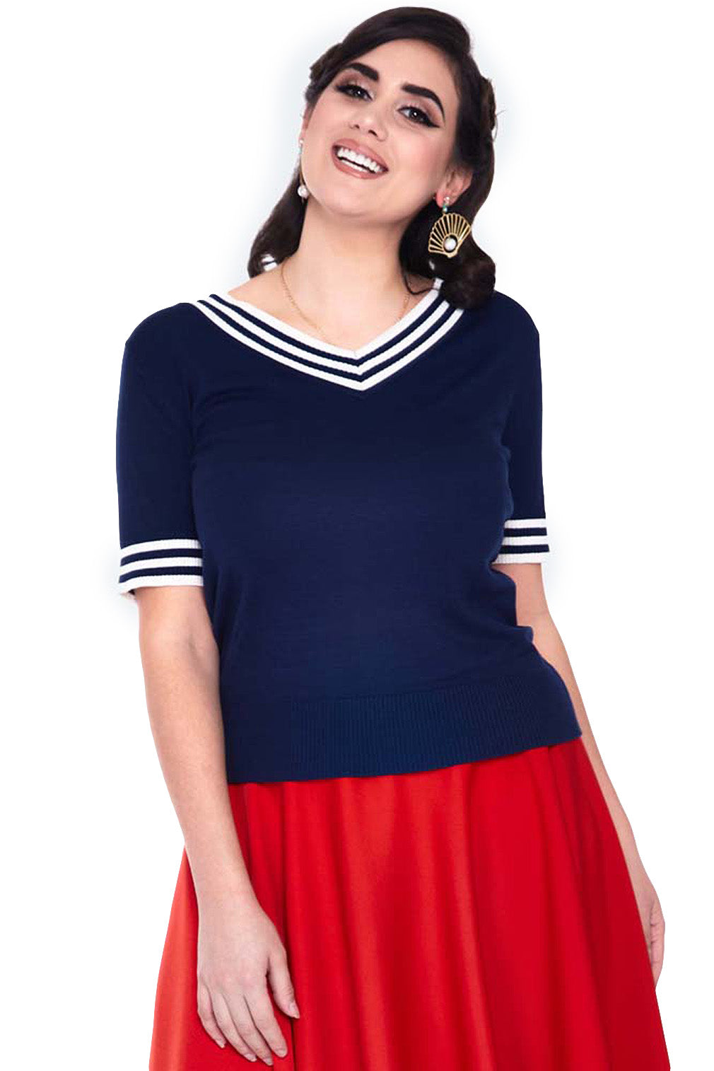 Voodoo Vixen Pullover Stripe Neckline Short Sleeve Sweater