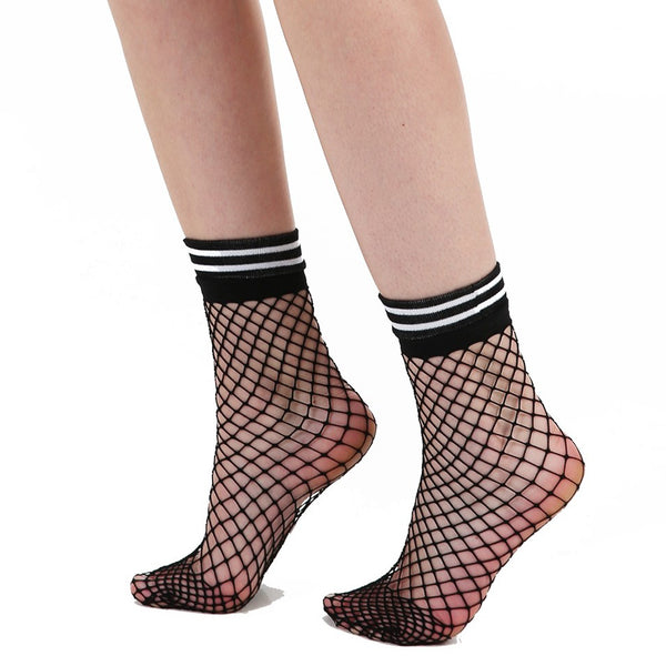 Schompi Damen Netz-socken College Optik - Fishnetz Sneaker Socken mit gestreiftem Bund Netzsöckchen Schwarz Weiß Ankle Socks