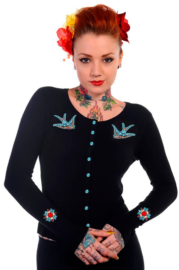 Banned Retro Strickjacke Hybrid Schwalben Cardigan Schwarz Blau