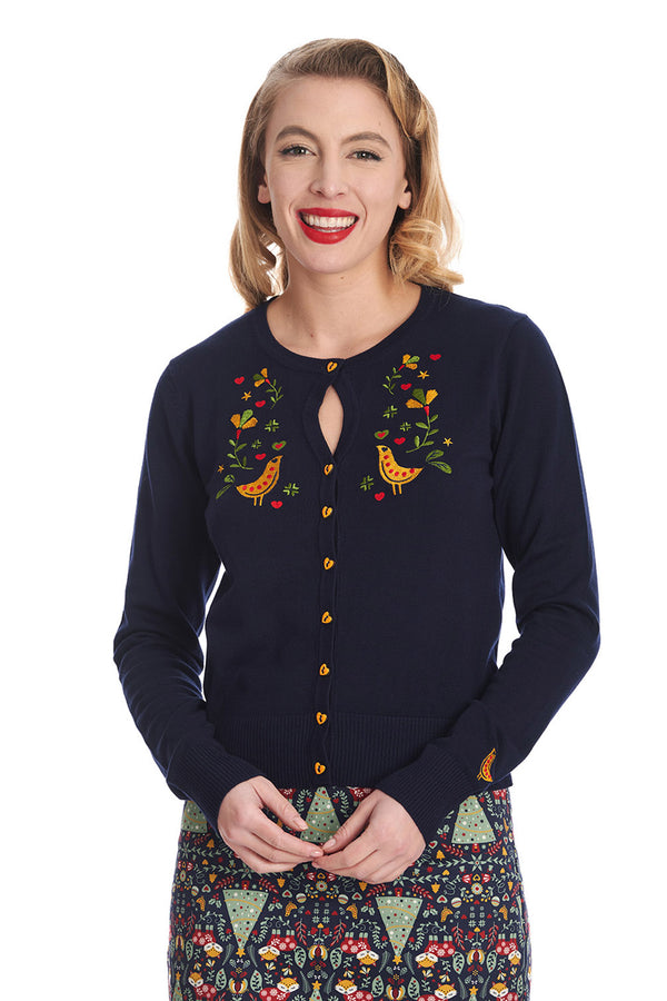 Banned Retro Strickjacke Heritage Birdy Cardigan Navy Blau