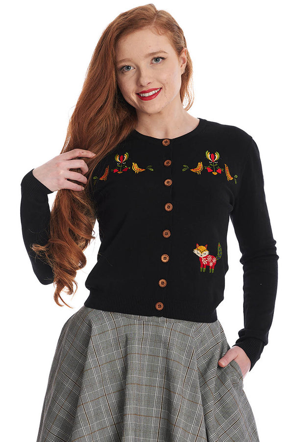 Banned Retro Strickjacke Scandi Fox Cardigan Schwarz
