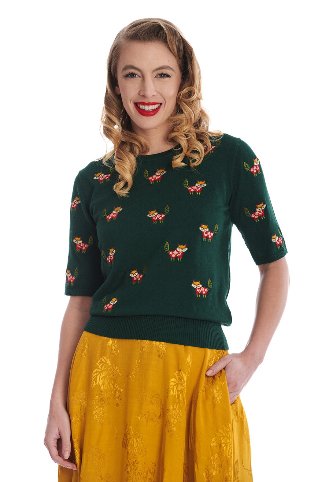 Banned Retro Halbarm Pullover Scandi Fox Grün