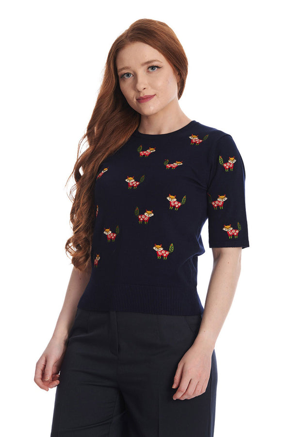 Banned Retro Halbarm Pullover Scandi Fox Navy