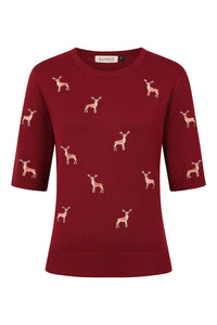Banned Retro Halbarm Pullover Ruby Sweet Deer Burgunder