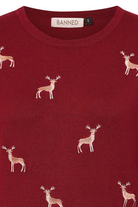 Banned Retro Halbarm Pullover Ruby Sweet Deer Burgunder