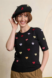 Banned Retro Halbarm Pullover Ruby Love Hearts Schwarz