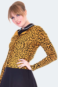 Voodoo Vixen Strickjacke 50s Mustard Leopard Print Cardigan
