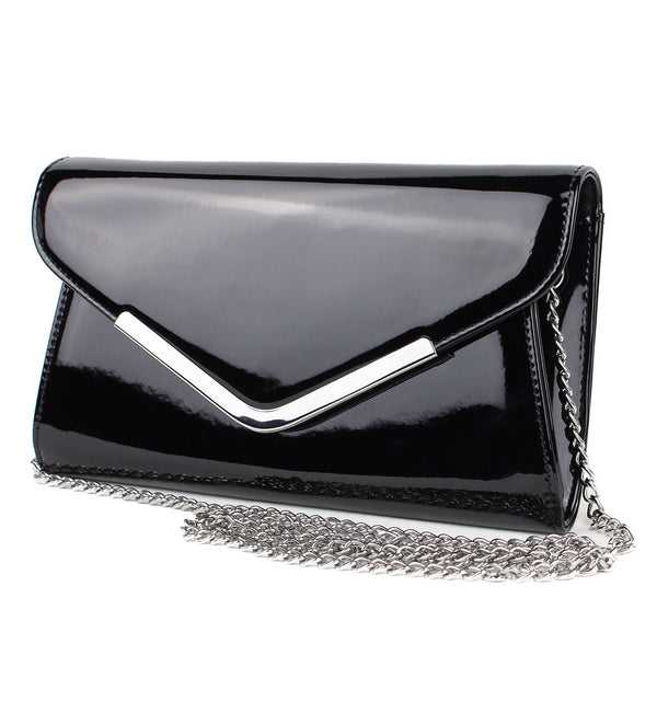 Schompi Vintage Damen Clutch Tasche Lack Abendtasche, abnehmbare Schulterkette Kettentasche, Glänzend, 50er Rockabilly Lederoptik