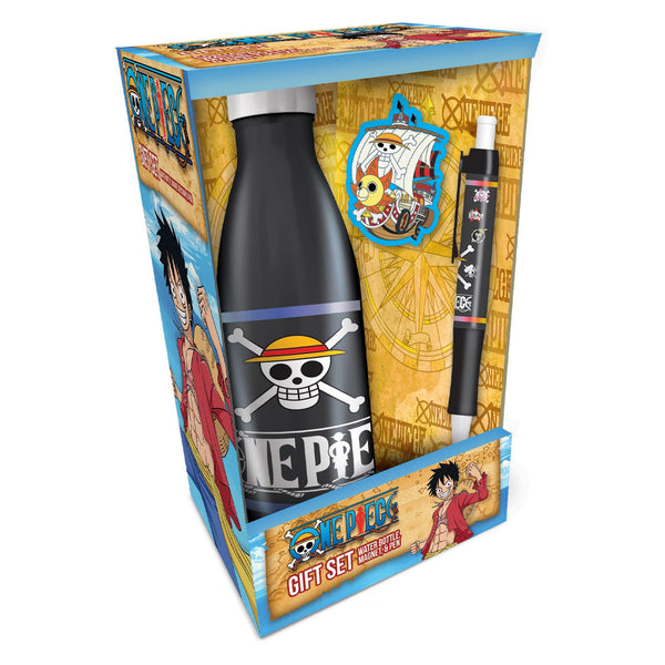 One Piece Trinkflasche Straw Hat Crew Skulls mit Magnet und Kugelschreiber