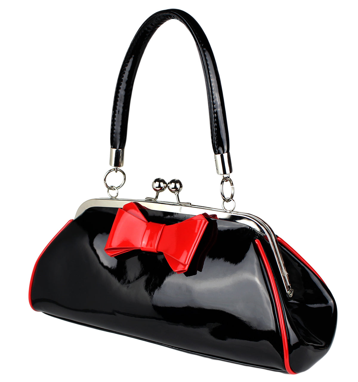 Schompi Damen Vintage Lack-Tasche mit Schleife, Rockabilly, 50er Jahre, Pin-Up, Abendtasche, Henkeltasche Retro Handtasche Schwarz Rot