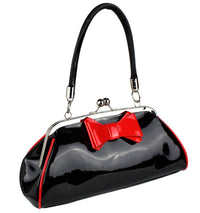 Schompi Damen Vintage Lack-Tasche mit Schleife, Rockabilly, 50er Jahre, Pin-Up, Abendtasche, Henkeltasche Retro Handtasche Schwarz Rot