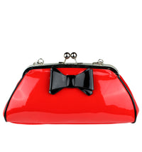 Schompi Damen Vintage Lack-Tasche mit Schleife, Rockabilly, 50er Jahre, Pin-Up, Abendtasche, Henkeltasche Retro Handtasche Schwarz Rot