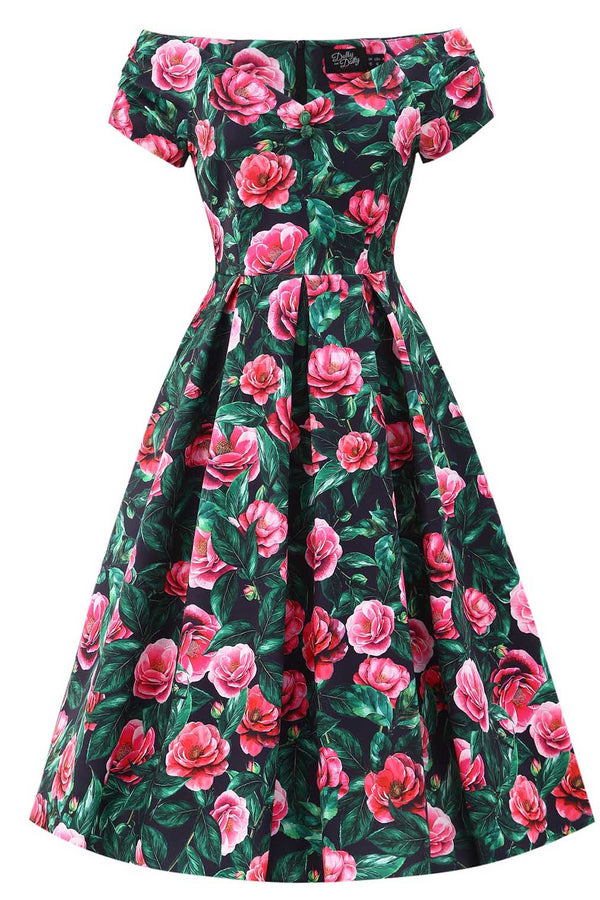 Dolly and Dotty Swing Kleid Lily Black & Pink Camellia Off-Shoulder