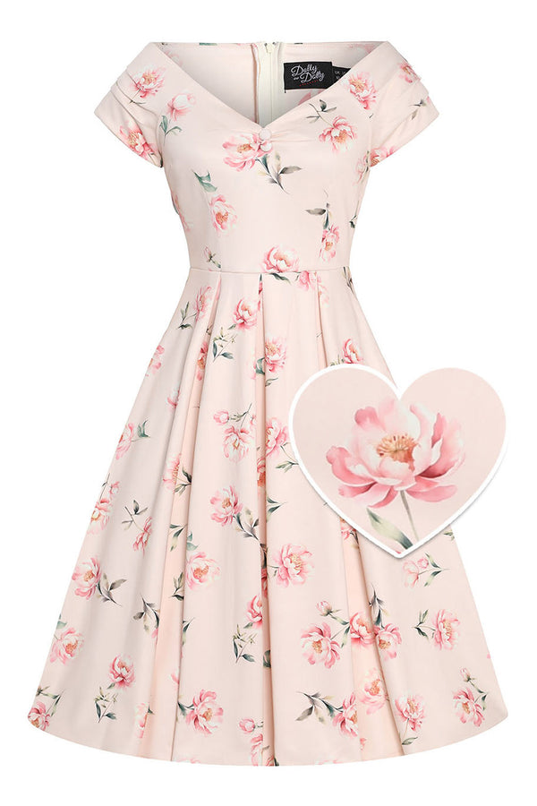 Dolly and Dotty Swing Kleid Lily Cream & Pink Peony Off-Shoulder