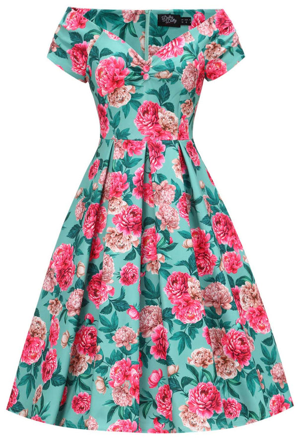 Dolly and Dotty Swing Kleid Lily Mint & Pink Peony Off-Shoulder