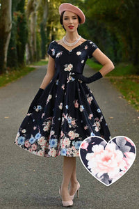 Dolly and Dotty Swing Kleid Lily Navy Blue Falling Rose Off-Shoulder