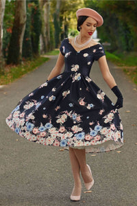 Dolly and Dotty Swing Kleid Lily Navy Blue Falling Rose Off-Shoulder