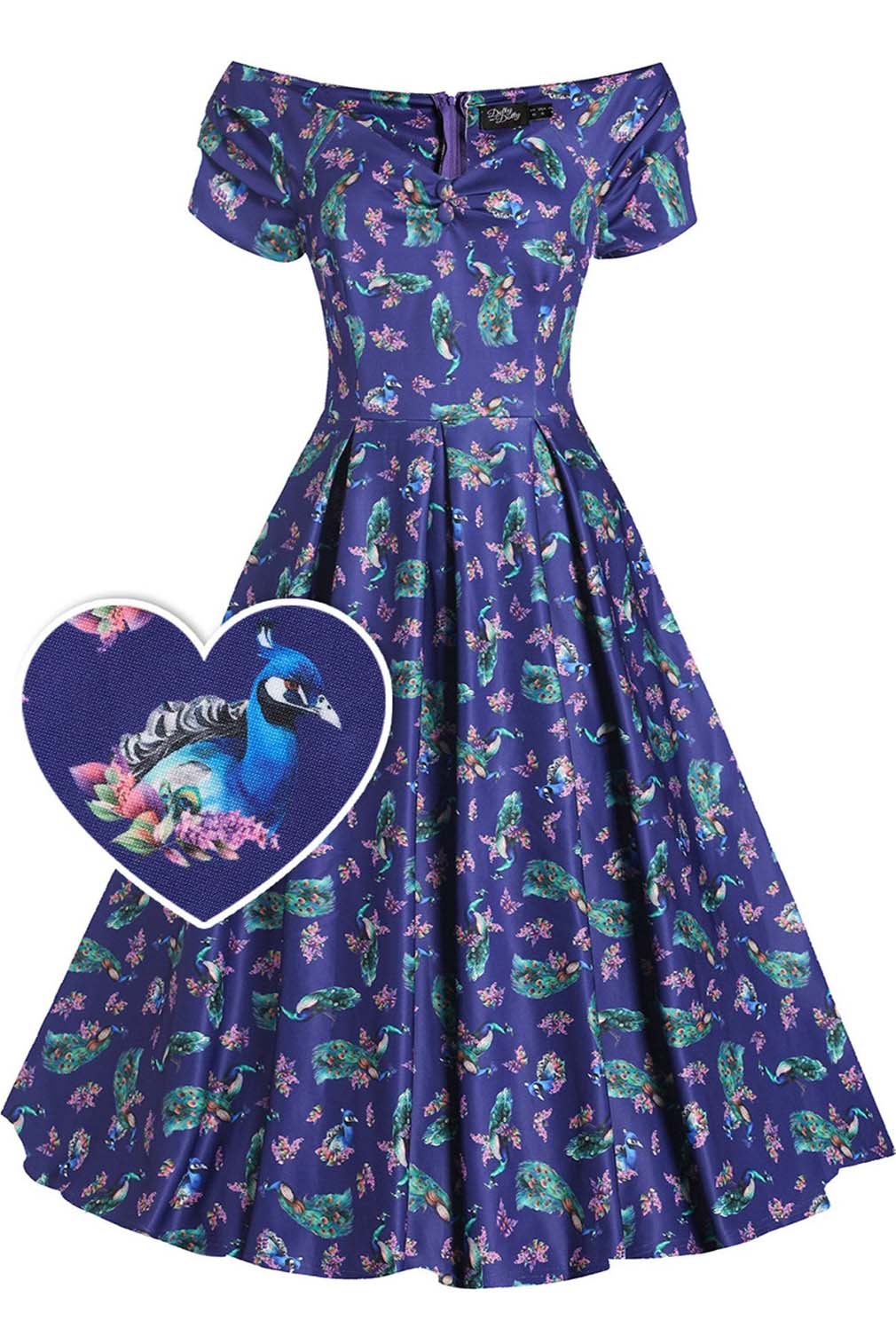 Dolly and Dotty Swing Kleid Lily Purple Peacocks Off-Shoulder
