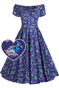 Dolly and Dotty Swing Kleid Lily Purple Peacocks Off-Shoulder