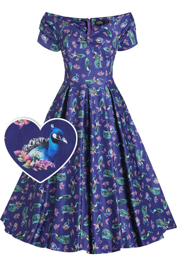Dolly and Dotty Swing Kleid Lily Purple Peacocks Off-Shoulder