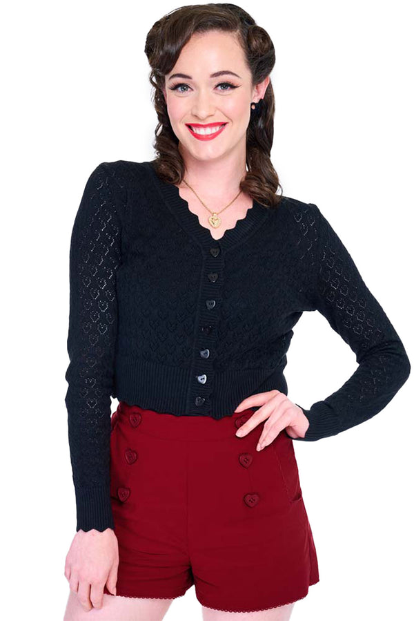 Voodoo Vixen Strickjacke Scalloped Edge Heart Knit Cardigan Schwarz