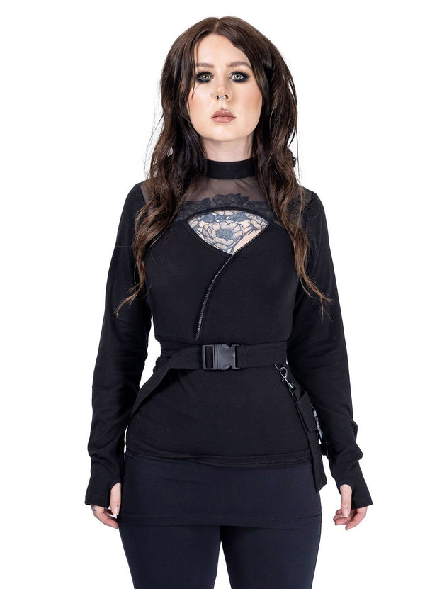 Poizen Industries Langarm Shirt Derora Wickeltop Mesh Schnalle