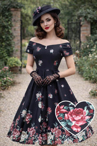 Dolly and Dotty Swing Kleid Lily Black Falling Rose Off-Shoulder