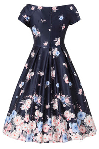 Dolly and Dotty Swing Kleid Lily Navy Blue Falling Rose Off-Shoulder