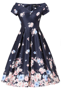 Dolly and Dotty Swing Kleid Lily Navy Blue Falling Rose Off-Shoulder