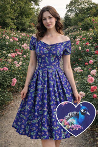 Dolly and Dotty Swing Kleid Lily Purple Peacocks Off-Shoulder