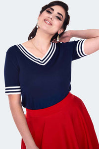 Voodoo Vixen Pullover Stripe Neckline Short Sleeve Sweater