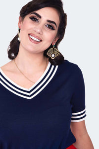 Voodoo Vixen Pullover Stripe Neckline Short Sleeve Sweater